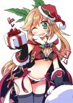  1girl adapted_costume alternate_costume alternate_hairstyle bikini black_gloves blue_legwear blush box breasts cape clarisse_(granblue_fantasy) gift gift_box gloves granblue_fantasy green_eyes hat heart holly light_brown_hair long_hair looking_at_viewer navel one_eye_closed open_mouth red_cape sack santa_costume santa_hat simple_background smile solo swimsuit thigh-highs white_background yuuhi_alpha 