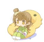  1girl :o book brown_eyes brown_hair chibi dated hair_ornament hair_scrunchie holding holding_book long_hair love_live!_school_idol_project minami_kotori mota one_side_up pajamas pillow reading scrunchie sitting solo 