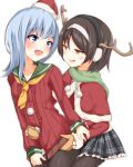  &gt;:o 2girls :o antlers black_hair black_legwear blue_eyes blue_hair blush brown_eyes capelet clothes_pull fake_horns gloves green_scarf hair_ornament hairband hand_on_another&#039;s_stomach hat hatsukaze_(kantai_collection) kantai_collection kuro-ra long_hair long_sleeves looking_back mittens multiple_girls open_mouth pantyhose pleated_skirt reindeer_antlers ribbed_sweater santa_costume santa_hat scarf short_hair simple_background skirt smile sweatdrop sweater sweater_pull tanikaze_(kantai_collection) white_background 