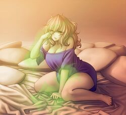  1girl bare_shoulders bed bed_sheet brown_hair curly_hair drooling green_eyes monorus monster_girl_encyclopedia no_pants off_shoulder on_bed one_eye_closed pillow purple_shirt rubbing_eyes sheet_grab shirt sitting sleepy solo t-shirt wight_(monster_girl_encyclopedia) 