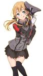  1girl :q blonde_hair haine hair_ornament hat hat_removed headwear_removed highres kantai_collection long_hair military military_uniform peaked_cap prinz_eugen_(kantai_collection) solo thigh-highs tongue tongue_out twintails uniform 