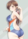  1girl ass blush breasts brown_eyes brown_hair cellphone competition_swimsuit from_behind idolmaster idolmaster_cinderella_girls long_hair looking_at_viewer nitta_minami one-piece_swimsuit phone ryuu. self_shot smartphone smile solo swimsuit v 