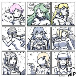  6+girls akairiot animal_costume antlers beanie book earmuffs fire_emblem fire_emblem:_kakusei gift gloves green_hair hair_over_one_eye hat long_hair lucina super_mario_bros. metroid multiple_girls musical_note my_unit_(fire_emblem:_kakusei) nintendo palutena pink_hair ponytail princess_peach princess_zelda reindeer_antlers reindeer_costume rosetta_(mario) sack samus_aran santa_costume santa_hat short_hair singing snow snowflakes snowman super_mario_bros. super_mario_galaxy super_smash_bros. the_legend_of_zelda villager_(doubutsu_no_mori) wii_fit wii_fit_trainer 