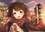  1girl blush brown_hair building can cityscape clouds jacket long_hair long_sleeves looking_at_viewer open_mouth original plaid plaid_scarf scarf sky skyscraper smile solo sparkle sunset takeya_y0615 tree violet_eyes wind 