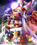  1girl :p animal animal_ears bell blue_hair candy christmas christmas_ornaments company_name fire fur_trim gloves gradient_hair hair_bell hair_ornament hairband kether long_hair midriff moon multicolored_hair official_art purple_hair rabbit shingoku_no_valhalla_gate sitting solo star strapless tongue tongue_out tubetop very_long_hair violet_eyes 