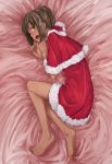  :d bare_legs barefoot bed_sheet blush brown_hair capelet dark_skin enoshito fur_trim hair_ornament highres hood i-401_(kantai_collection) kantai_collection looking_at_viewer lying nose_blush on_side open_mouth ponytail santa_costume short_hair smile 