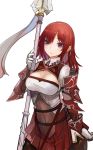  1girl breasts cleavage gloves large_breasts light_smile long_hair polearm pupps red_eyes redhead simple_background solo weapon white_background 