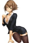  1girl alternate_costume arm_support black_legwear black_panties blazer breasts brown_hair cleavage collarbone green_eyes hand_on_own_chest hand_to_own_mouth headgear kantai_collection large_breasts midriff miniskirt mutsu_(kantai_collection) office_lady panties parted_lips sakiyamama short_hair skirt solo thigh-highs unbuttoned underwear white_blouse zettai_ryouiki 