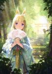  1girl 2015 animal_ears bangs blonde_hair bridge dated fan folding_fan forest fox_ears hands_together holding japanese_clothes kimono light_rays light_smile long_hair long_sleeves looking_at_viewer miyai_haruki nature original outdoors plant ribbon-trimmed_sleeves ribbon_trim sash signature solo stairs sunbeam sunlight tassel torii violet_eyes wide_sleeves wooden_lantern 
