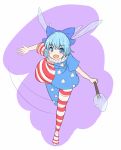  1girl ajia_(otya3039) american_flag_legwear american_flag_shirt blue_eyes blue_hair blush bow cirno clownpiece clownpiece_(cosplay) hair_bow ice ice_wings looking_at_viewer open_mouth pantyhose short_hair short_sleeves simple_background sketch stick touhou wings 