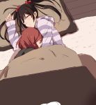  2girls black_hair blanket female hug kotatsu love_live!_school_idol_project multiple_girls nishikino_maki pillow redhead school_uniform sen&#039;yuu_yuuji sleeping table yazawa_nico yuri 