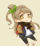  1girl :o backpack bag bow brown_eyes brown_hair chibi dated hair_bow hands_in_pockets jacket leggings long_hair love_live!_school_idol_project minami_kotori mota one_side_up scarf skirt solo 