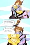  :d androgynous blush_stickers brown_hair closed_eyes comic flower flowey_(undertale) frisk_(undertale) highres korean koyashaka59 open_mouth plant potted_plant smile swing_set swinging tagme translated undertale 