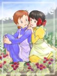  2girls anne_of_green_gables anne_shirley apron black_hair bow brown_hair diana_barry dress flower food frame freckles friends fruit hair_bow hand_on_another&#039;s_shoulder leaf looking_at_another multiple_girls official_style purple_dress raspberry red_bow sakai_yume sitting whispering yellow_dress 