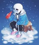  1boy frostious holding_bottle hoodie looking_at_viewer sans shorts sitting skeleton slippers snowing solo tagme undertale 