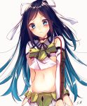  1girl black_hair blue_eyes hair_ribbon highres japanese_clothes kantai_collection katsuragi_(kantai_collection) long_hair midriff ponytail remodel_(kantai_collection) ribbon saijou_yukina solo 