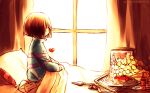 androgynous brown_hair dvd_case english flower food frisk_(undertale) heart ketchup letter looking_out_window on_bed pie pillow polearm qin-ying ribbon shirt sitting sitting_on_bed smiley_face solo spaghetti spear striped striped_shirt tagme undertale watermark weapon web_address 