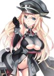  1girl anchor bare_shoulders bismarck_(kantai_collection) black_gloves black_panties blonde_hair blue_eyes blush breasts cannon cleavage cleavage_cutout detached_sleeves gloves hat highres kantai_collection large_breasts lasa_(lasa1116) long_hair looking_at_viewer military military_uniform navel panties peaked_cap simple_background solo under_boob underwear uniform white_background 