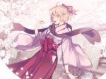  1girl ahoge blonde_hair cherry_blossoms japanese_clothes koha-ace midou_(midooooooooh) pink_eyes sakura_saber scarf solo tree 
