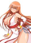  1girl aoiakira553 bare_shoulders blush breasts brown_eyes brown_hair cleavage dead_or_alive detached_sleeves kasumi_(doa) large_breasts long_hair looking_at_viewer pelvic_curtain revealing_clothes sideboob simple_background solo underwear white_legwear 