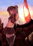  1girl alisa_ilinichina_amiella arm_up armpits blue_eyes breasts clouds fingerless_gloves gloves god_eater god_eater_burst hat long_hair navel niwata plaid silver_hair skirt sky solo sunset suspenders thigh-highs under_boob 