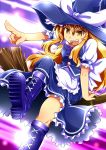  1girl apron armband blonde_hair boots bow broom broom_riding cross-laced_footwear dress frilled_skirt frills hat hat_bow highres kirisame_marisa light_particles light_rays long_hair makumaxu pointing short_sleeves skirt solo touhou witch_hat yellow_eyes 