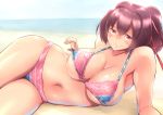  1girl beach bifidus bikini breasts brown_hair cleavage hips ise_(kantai_collection) kantai_collection large_breasts long_hair looking_at_viewer navel ponytail smile solo swimsuit thighs 