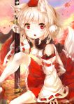  1girl animal_ears autumn_leaves bare_shoulders bridal_gauntlets clouds cloudy_sky detached_sleeves geta hat hat_ribbon inubashiri_momiji katana long_sleeves looking_at_viewer open_mouth pom_pom_(clothes) red_eyes revision ribbon ribbon-trimmed_sleeves ribbon_trim scarf shirt short_hair silver_hair skirt sky solo sword tail tokin_hat touhou umagenzin weapon wide_sleeves wolf_ears wolf_tail 