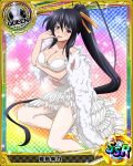  1girl artist_request black_hair breasts card_(medium) character_name chess_piece dress hair_ribbon high_school_dxd himejima_akeno large_breasts long_hair long_ponytail ponytail queen_(chess) ribbon torn_clothes trading_card very_long_hair violet_eyes wedding_dress white_dress 