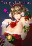  1girl absurdres adapted_costume apple between_breasts breasts ctrlz77 dress food fruit green_eyes hair_between_eyes headgear highres kantai_collection large_breasts licking_lips light_brown_hair looking_at_viewer mutsu_(kantai_collection) off_shoulder pom_pom_(clothes) revealing_clothes santa_costume short_dress short_hair solo thigh-highs tongue tongue_out under_boob zettai_ryouiki 