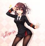  1girl aquila_corporation brown_hair brown_legwear character_name contrapposto double_w fang healther looking_at_viewer necktie open_mouth original pantyhose red_eyes skirt solo star sweatdrop v_over_eye 