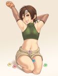  1girl armpits arms_up brown_eyes brown_hair closed_eyes final_fantasy final_fantasy_vii fingerless_gloves flat_chest gloves grin looking_at_viewer maou_alba materia midriff navel one_eye_closed ribbed_sweater seiza short_hair short_shorts shorts sitting smile solo sweater thighs yuffie_kisaragi 