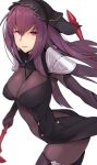  1girl bodysuit covered_navel dual_wielding fate/grand_order fate_(series) gae_bolg highres long_hair netlk pauldrons polearm purple_hair red_eyes scathach_(fate/grand_order) solo spear veil weapon white_background 