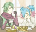  1boy 1girl biscuit blue_hair closed_eyes cup cupcake eating fire_emblem fire_emblem_if gloves green_hair hair_over_one_eye macaron multicolored_hair open_mouth pieri_(fire_emblem_if) pink_hair scarf suzukaze_(fire_emblem_if) teacup twintails two-tone_hair violet_eyes 