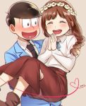  1boy 1girl ^_^ artist_name blush braid brown_eyes brown_hair carrying closed_eyes hands_together head_wreath heart heart_of_string jyushimatsu jyushimatsu&#039;s_girlfriend mery_(apfl0515) open_mouth osomatsu-kun osomatsu-san princess_carry single_braid smile 