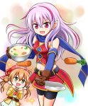  2girls :d ahoge bowl brown_hair carrot double_bun drooling food fork green_eyes holding kitchen_knife long_hair looking_at_viewer multicolored_hair multiple_girls navel nichika_(nitikapo) open_mouth original pointy_ears purple_hair scarf smile soup spoon twintails two-tone_hair violet_eyes 