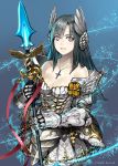  1girl armor bare_shoulders black_hair collarbone cross gauntlets jewelry magic necklace polearm ryou_(effort) simple_background smile solo spear violet_eyes weapon 