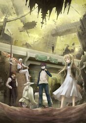  2girls 3boys asakurashinji blonde_hair blue_eyes brown_hair chain_sumeragi costume dress hair_ornament highres holding_hands kekkai_sensen klaus_von_reinhertz leonardo_watch long_hair multiple_boys multiple_girls outdoors short_hair twintails white_dress white_hair zap_renfro 