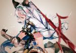  1girl animal_ears armor blush braid breasts cat_ears cleavage furisuku granblue_fantasy hairband heles large_breasts long_hair polearm silver_hair single_braid solo trident weapon 