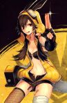  1girl absurdres bandages biahnyang breasts brown_hair character_request cleavage elsword fingerless_gloves gloves highres long_hair looking_at_viewer red_eyes skirt solo thigh-highs tongue 