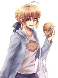  1girl ahoge blonde_hair casual fate/stay_night fate_(series) fimyuan food hamburger highres saber solo 