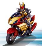  1boy armor commentary_request dias-tajima highres horns kamen_rider kamen_rider_agito kamen_rider_agito_(series) male male_focus motor_vehicle motorcycle shoulder_pads simple_background sitting solo vehicle 