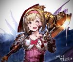  1girl ;d battle_axe benitama blonde_hair blood blood_on_face bloody_clothes blush bow brown_eyes collarbone djeeta_(granblue_fantasy) dress fighter_(granblue_fantasy) gauntlets granblue_fantasy hairband hammer heart looking_at_viewer one_eye_closed open_mouth over_shoulder pink_bow pink_dress short_hair shoulder_pads smile solo sparkle upper_body v weapon weapon_over_shoulder 