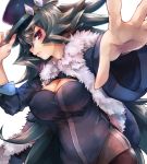  1girl bangs black_hair breasts cleavage covered_nipples eyeliner fur hat hat_tip highres long_hair makeup original outstretched_hand shiratan skin_tight solo violet_eyes 