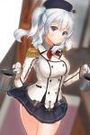  1girl absurdres blue_eyes blurry cup depth_of_field harumaki_haruki hat highres kantai_collection kashima_(kantai_collection) silver_hair skirt smile solo twintails uniform 