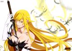  1girl absurdres blonde_hair gloves highres kizumonogatari long_hair monogatari_(series) oshino_shinobu simple_background solo sword weapon 