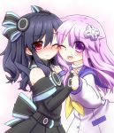 2girls bare_shoulders black_hair blush d-pad elbow_gloves gloves hair_ornament long_hair looking_at_viewer mizunashi_(second_run) multiple_girls nepgear neptune_(series) one_eye_closed open_mouth purple_hair red_eyes smile thigh-highs twintails uni_(choujigen_game_neptune) 