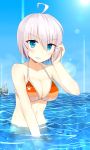  1girl ahoge bikini blue_eyes blush breasts cleavage fu_soulwave highres lavender_hair lens_flare looking_at_viewer parted_lips partially_submerged phantasy_star phantasy_star_online_2 short_hair sky solo striped striped_bikini striped_swimsuit sun swimsuit water 