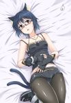  1girl :o animal_ears bed_sheet brown_eyes cat_ears collarbone fang fingerless_gloves glasses gloves groin jewelry lying necklace nekomata pantyhose shimotsuki_iko shorts solo 