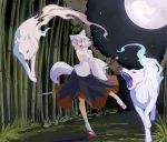  1girl animal_ears arched_back armband attack bamboo bamboo_forest black_skirt detached_sleeves fangs forest full_moon geta grass holding_sword holding_weapon inubashiri_momiji kokutei_n legs long_skirt moon moonlight nature night night_sky open_mouth path pom_pom_(clothes) red_eyes road shaded_face short_hair skirt sky sleeveless solo spirit star_(sky) sword tabi tail teeth tengu-geta tongue touhou turtleneck vanishing_point weapon white_hair white_legwear wolf wolf_ears wolf_tail 